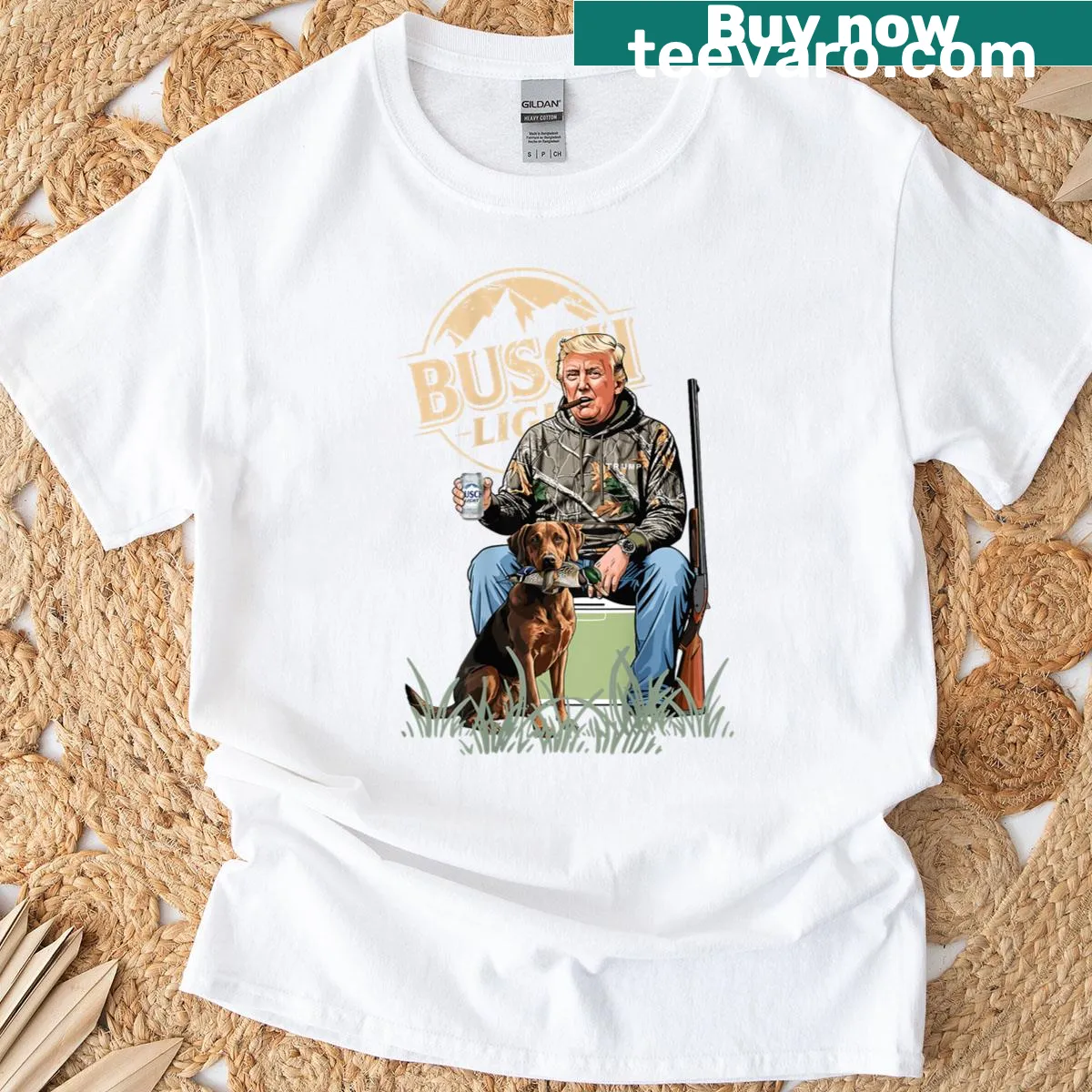 Retro hunting t-shirt featuring humorous Trump graphic and beer theme — on a men's t-shirt