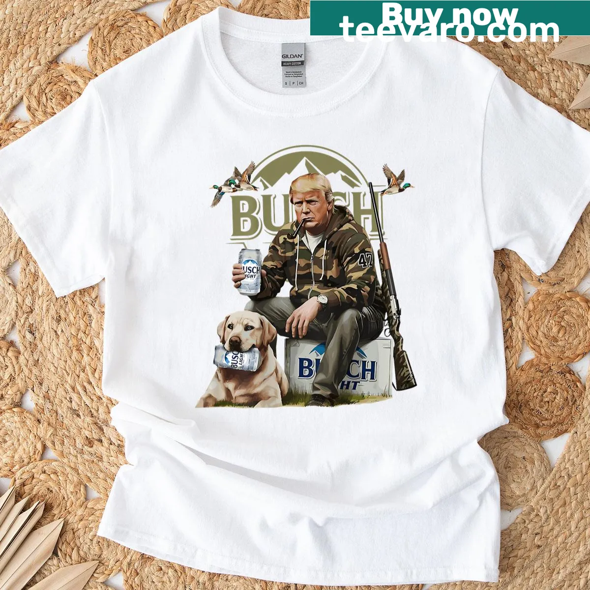 Funny deer hunting graphic T-shirt with drinking beer theme — on a men's t-shirt