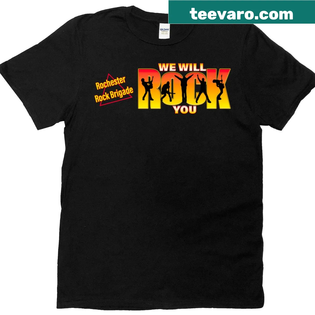 Vintage-style Rochester Rock Brigade T-shirt with full logo — on a men's t-shirt