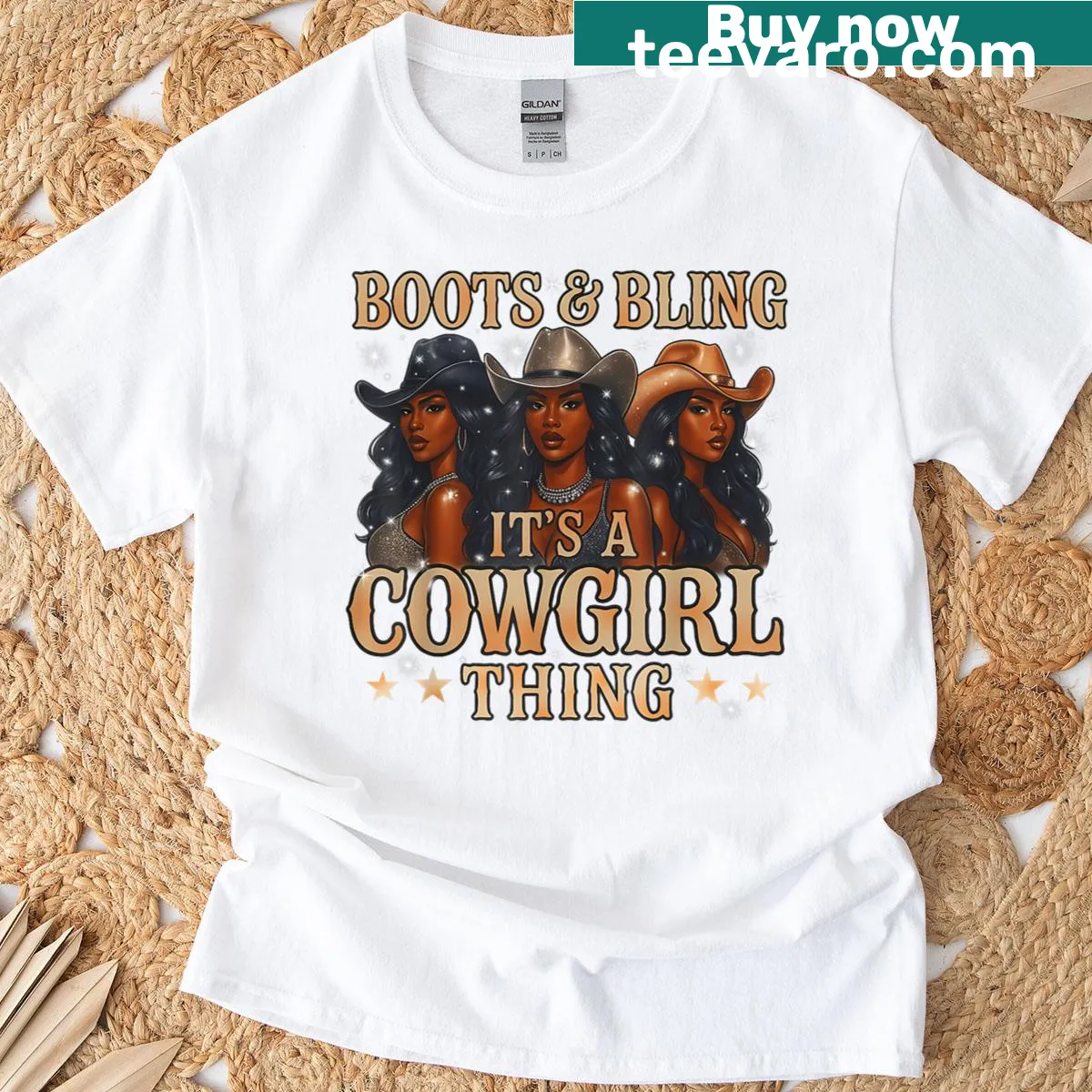 Illustration of cowboy boots with bling on a Cowgirl T-shirt — on a men's t-shirt