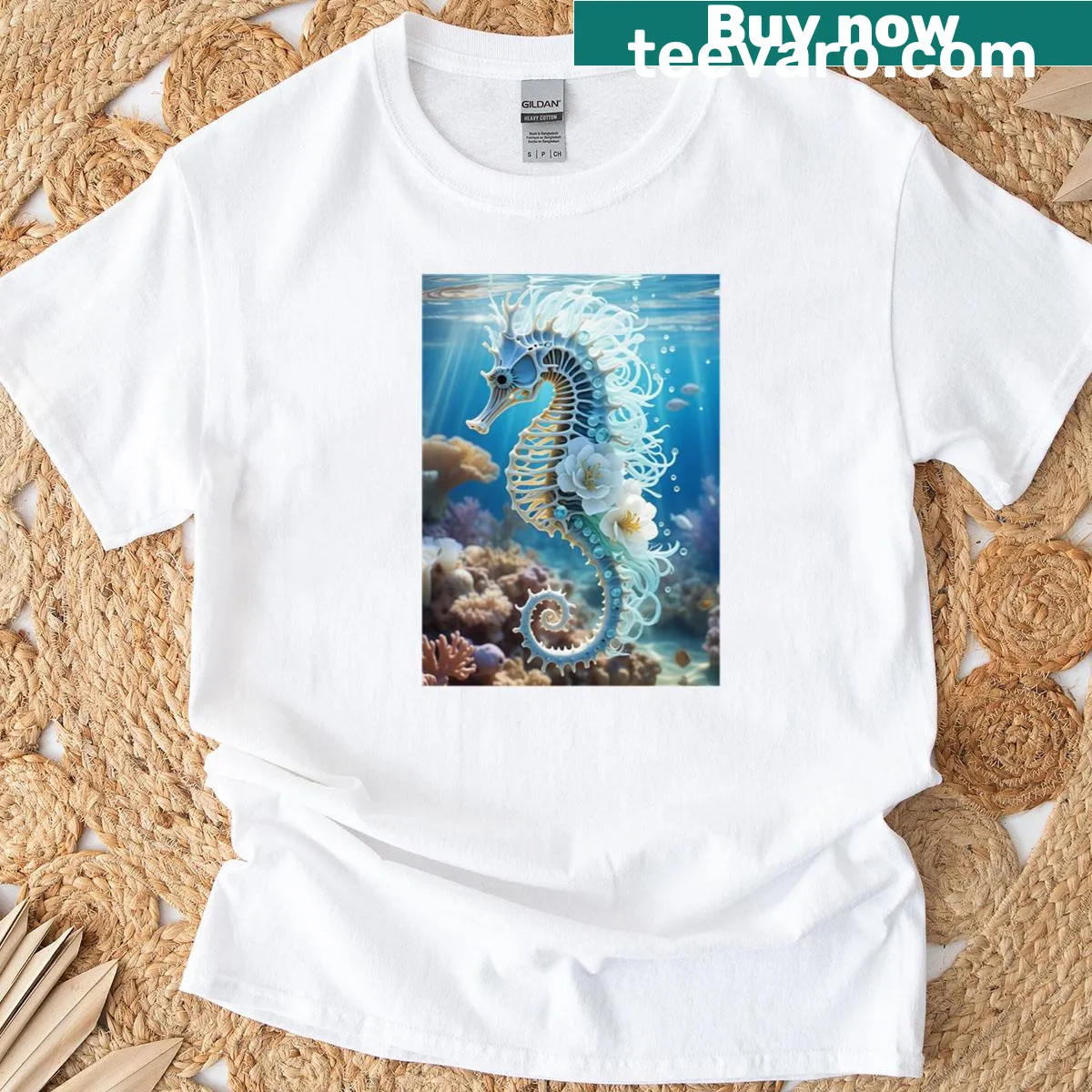 Whimsical skeletal seahorse graphic T-shirt reflecting ocean life — on a men's t-shirt