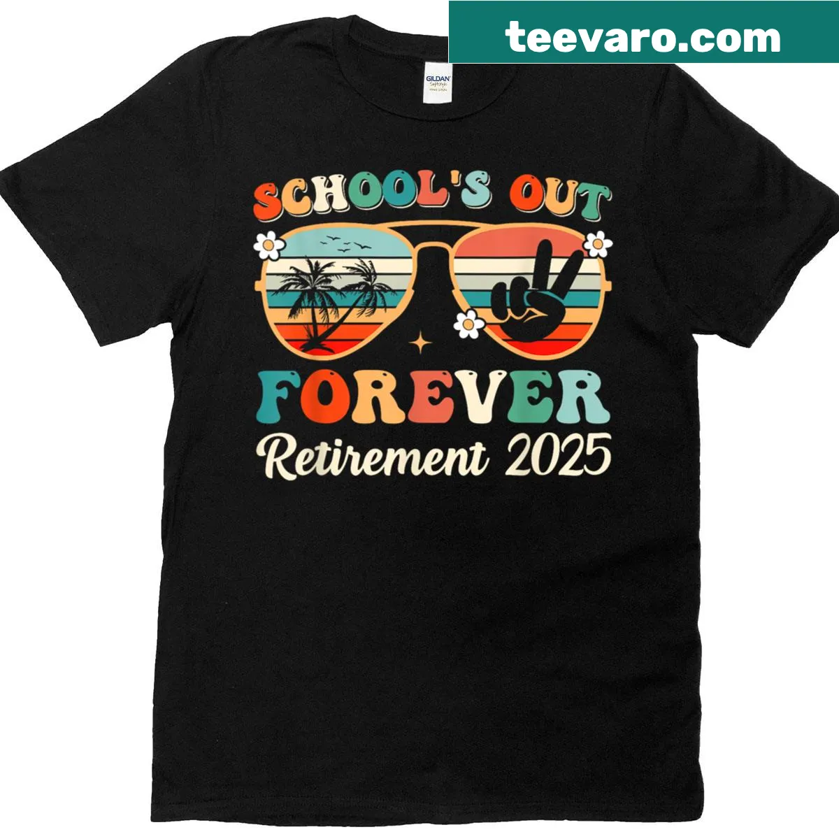 Groovy retirement T-shirt for teachers with 'Schools Out Forever 2025' text — on a men's t-shirt