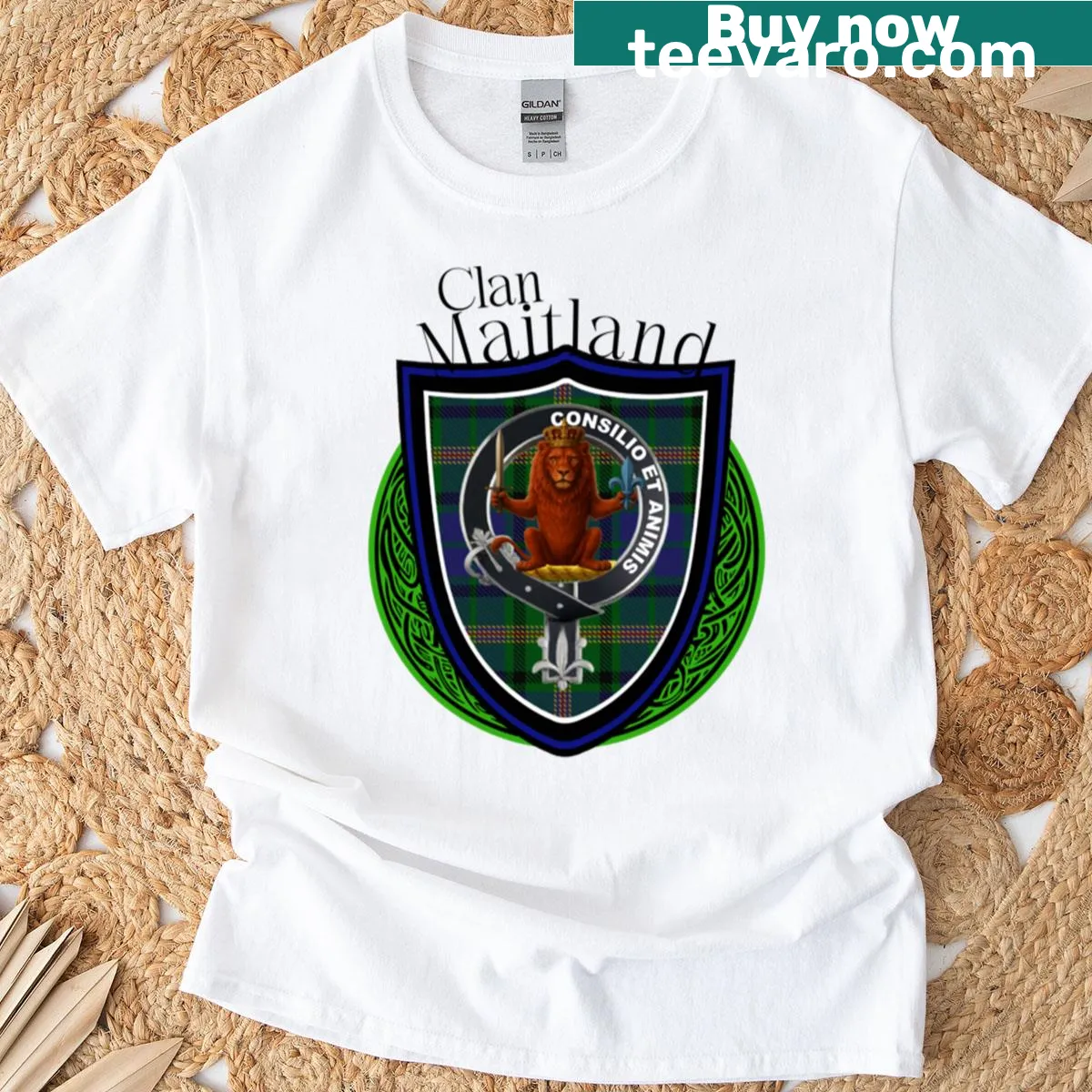 Scottish Clan Maitland T-shirt with tartan and crest design — on a men's t-shirt