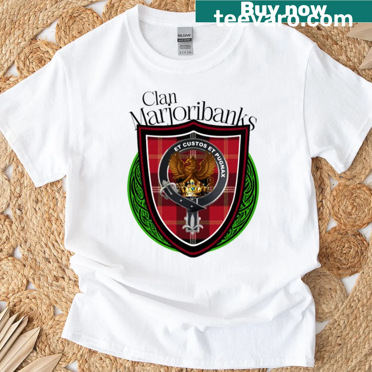Scottish Clan Marjoribanks T-shirt with tartan and crest — on a men's t-shirt