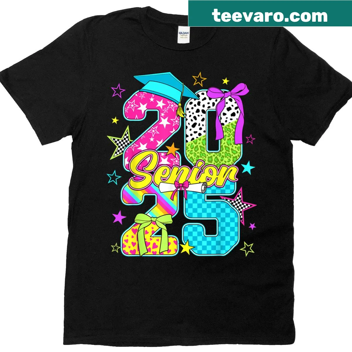 Illustrated graduation t-shirt with a bow and Class of 2025 text — on a men's t-shirt