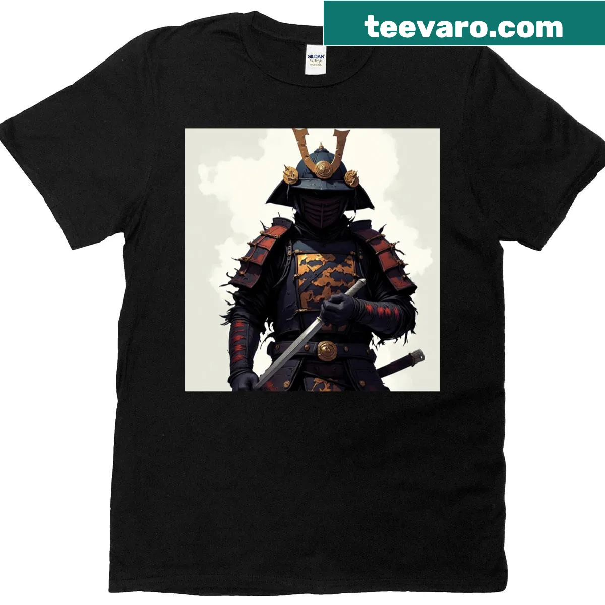 Illustrative t-shirt featuring a bold samurai warrior graphic — on a men's t-shirt