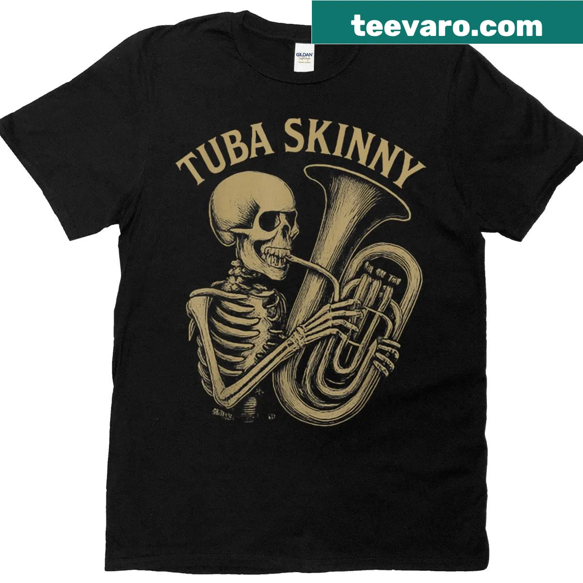 Skeleton playing a tuba in a playful illustration on t-shirt — on a men's t-shirt