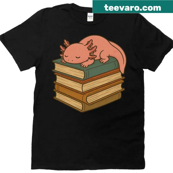 Cute illustration of a sleepy axolotl on a stack of books on an oversized T-shirt