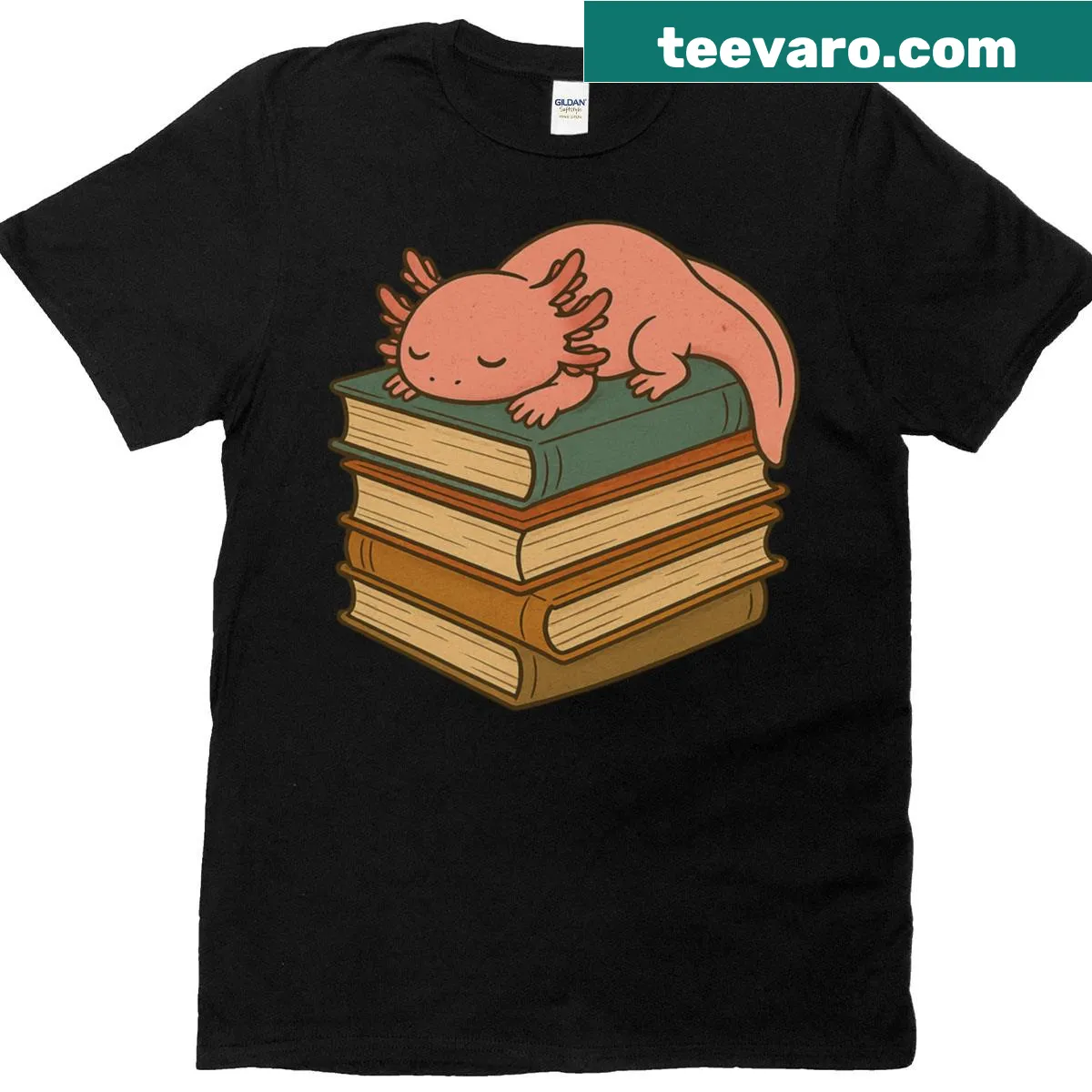Cute illustration of a sleepy axolotl on a stack of books on an oversized T-shirt — on a men's t-shirt