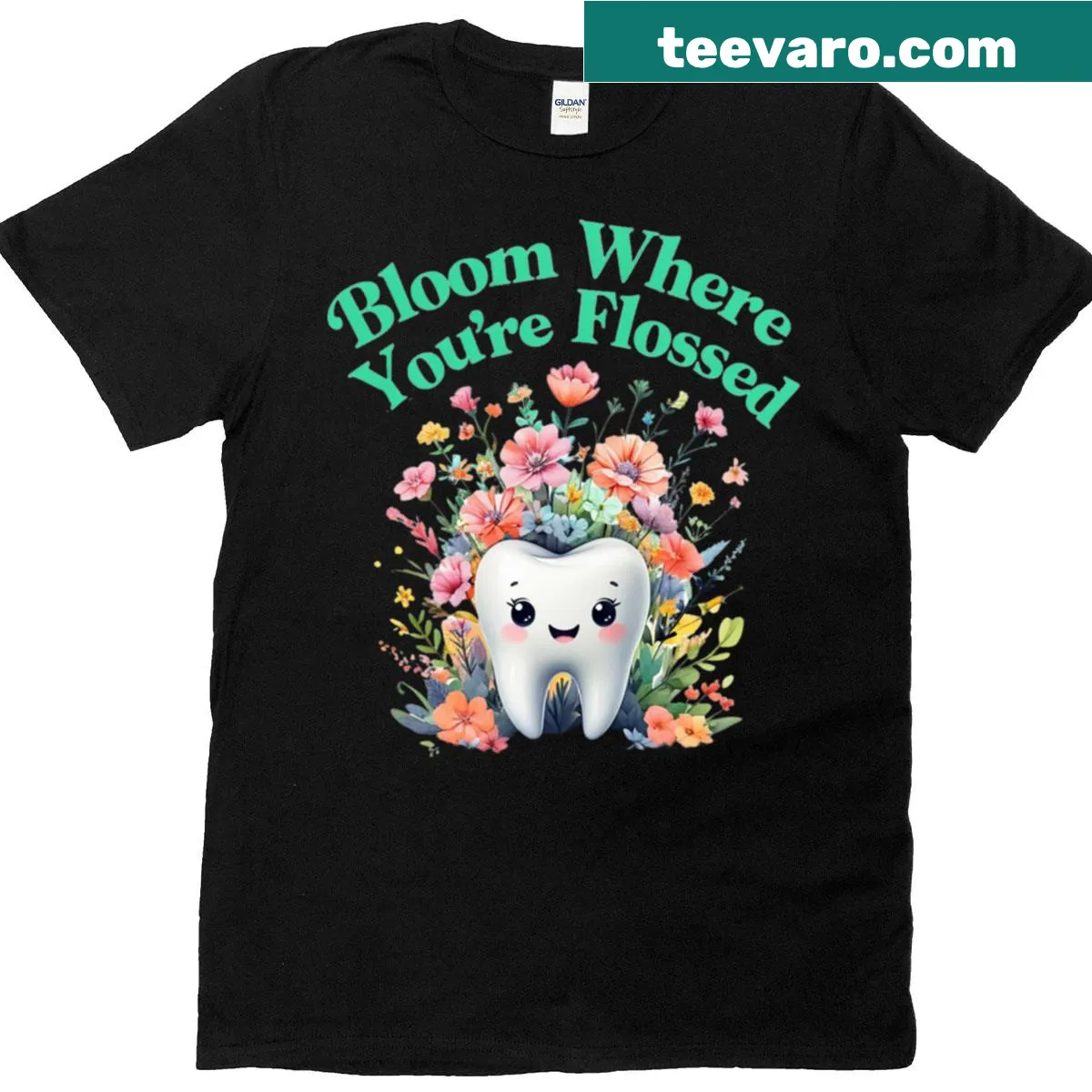 Cute T-shirt with smiling tooth and floral design. — on a men's t-shirt