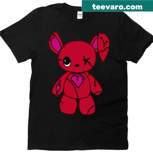 Red oversized t-shirt featuring a stitched plushy bunny illustration