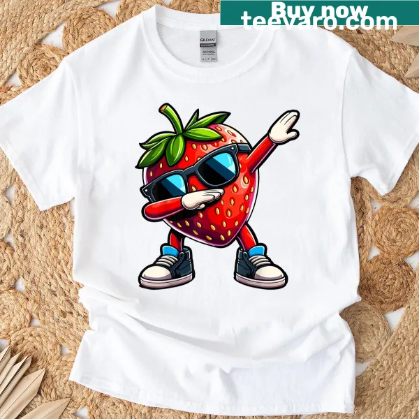 Cartoon strawberry in a dabbing pose on a fun t-shirt