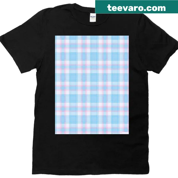 T-shirt featuring a soft pastel plaid pattern representing trans pride