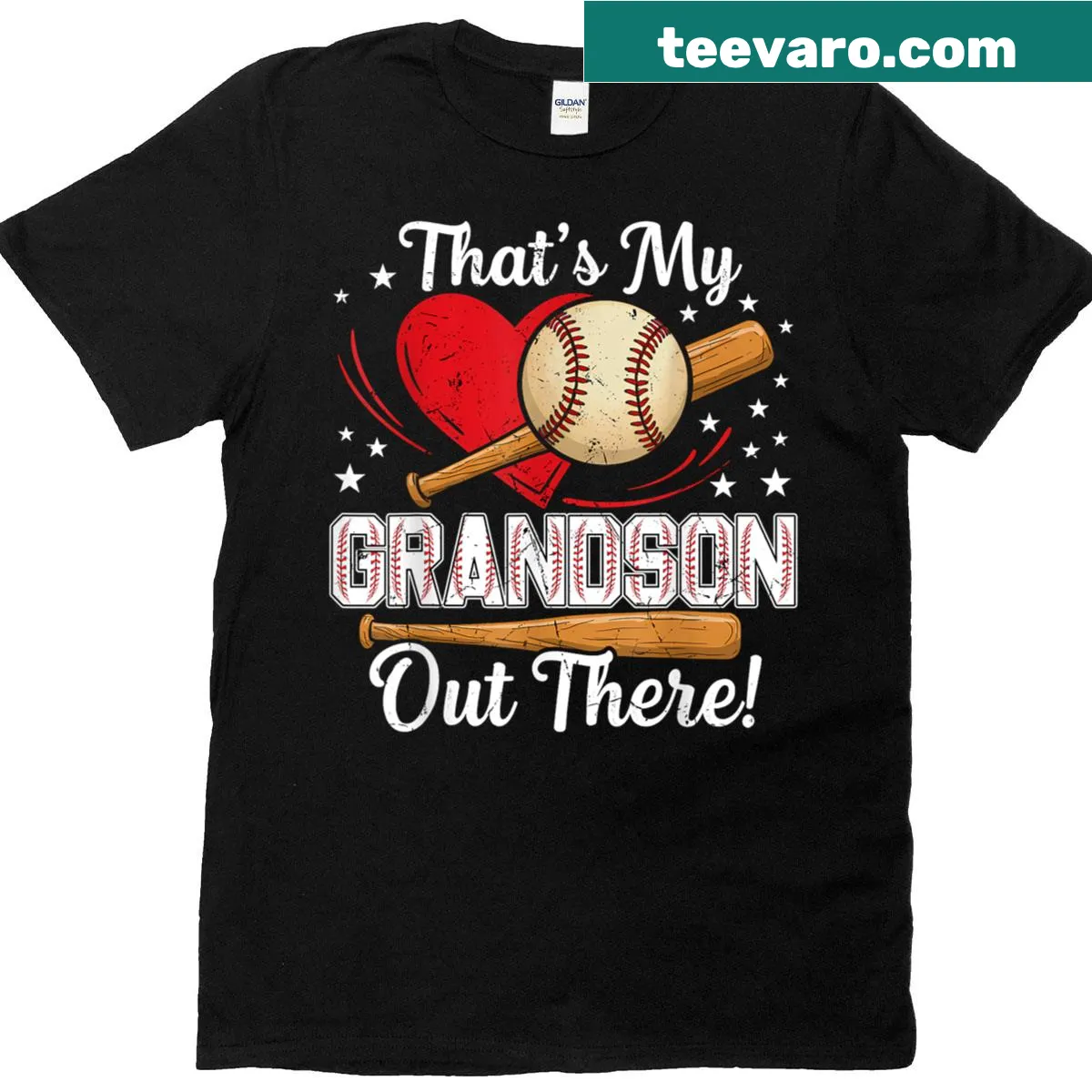 Typography T-shirt with 'That’s My Grandson Out There' text for baseball grandmas — on a men's t-shirt