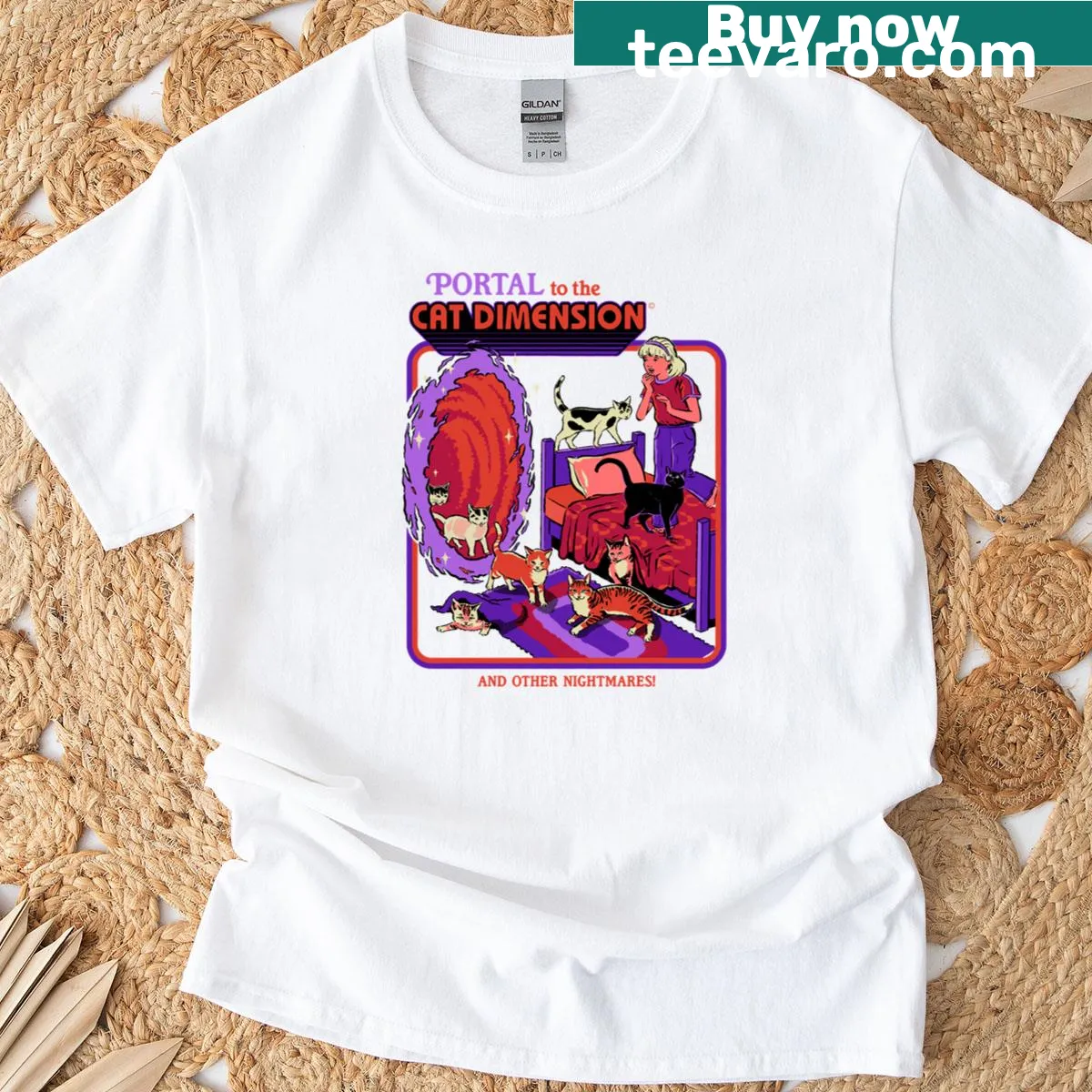 Cartoon T-shirt depicting a whimsical 'Cat Dimension' theme — on a men's t-shirt