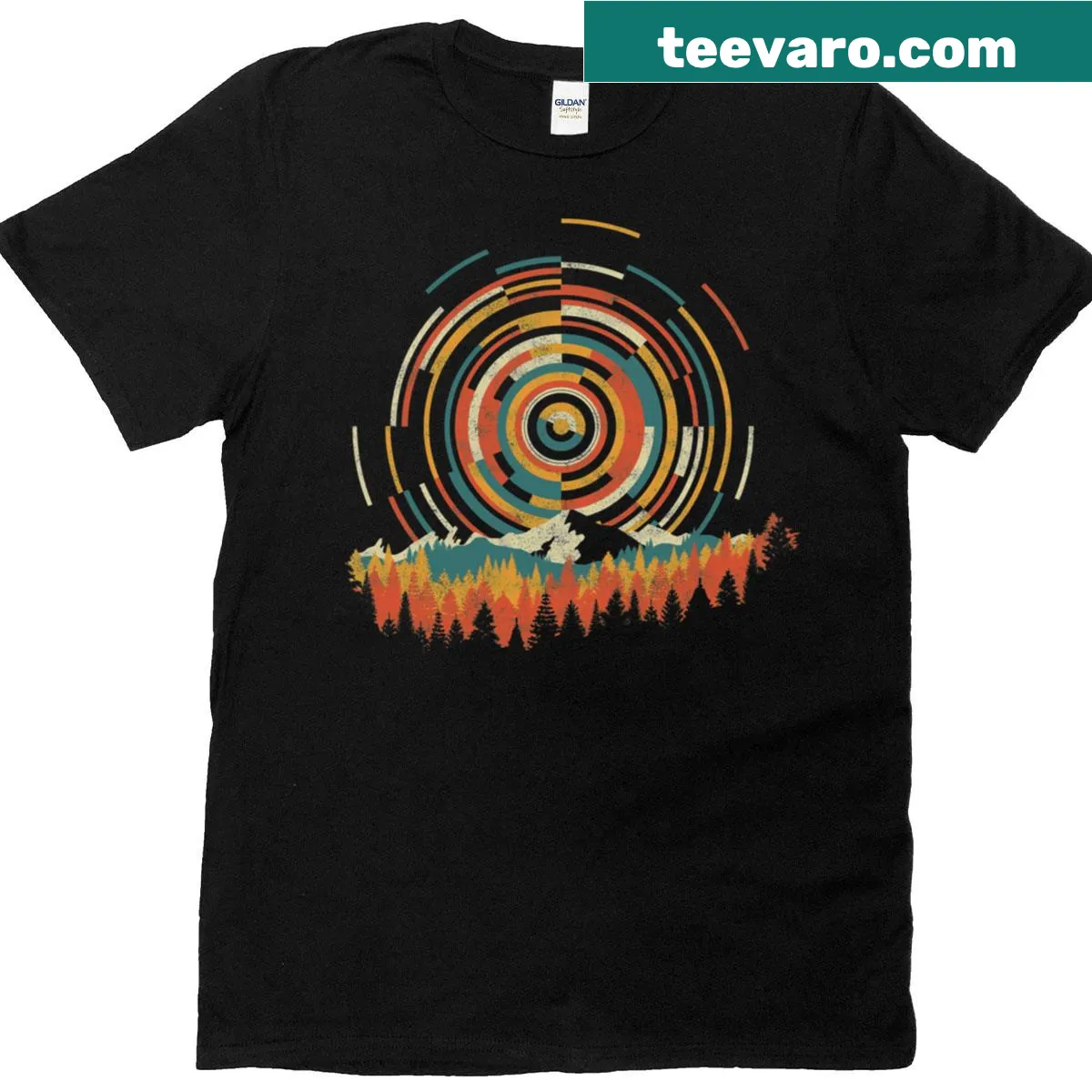 Geometric illustration of a sunrise on a t-shirt — on a men's t-shirt