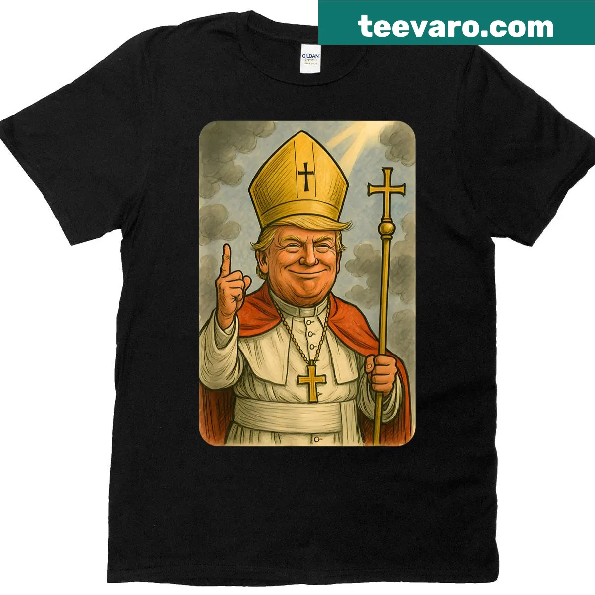 Political satire T-shirt with papal conclave motif — on a men's t-shirt