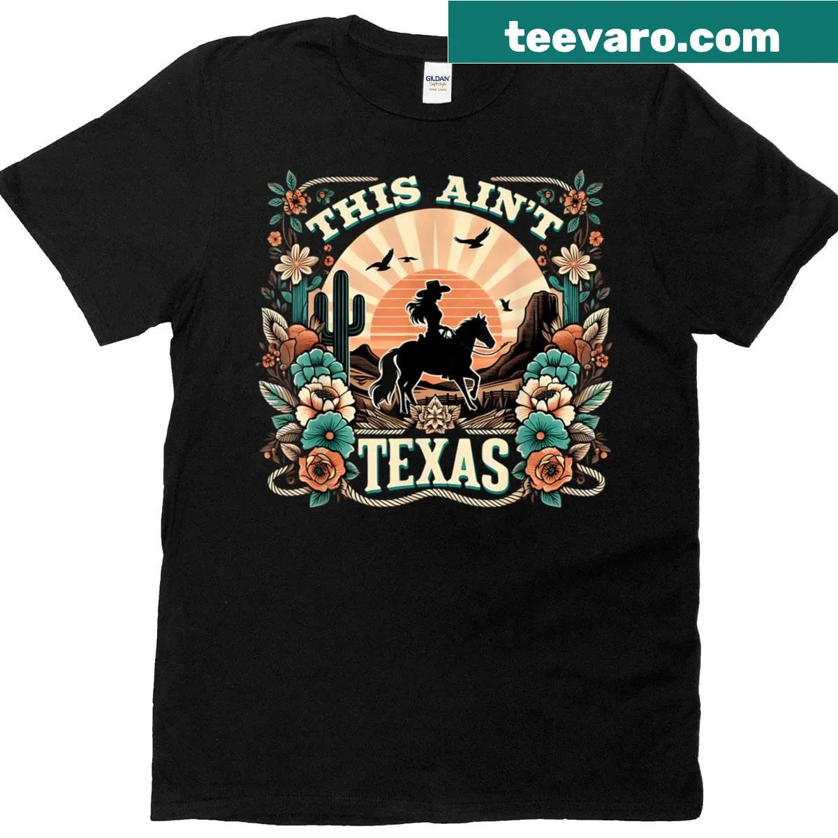 T-shirt with floral and desert sunset illustration celebrating cowgirl spirit — on a men's t-shirt