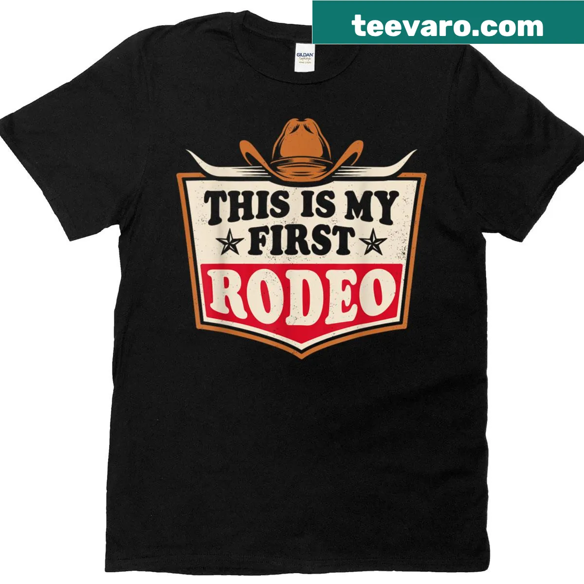 Western-themed T-shirt with 'This Is My First Rodeo' text and hat graphics. — on a men's t-shirt