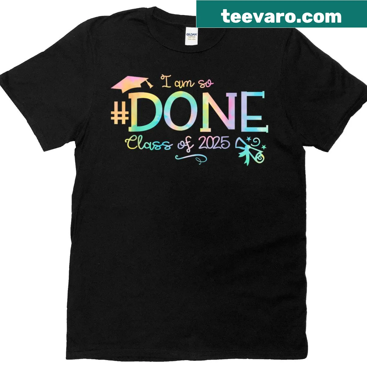 Tie-dye graduation T-shirt for Class of 2025 with humorous text — on a men's t-shirt