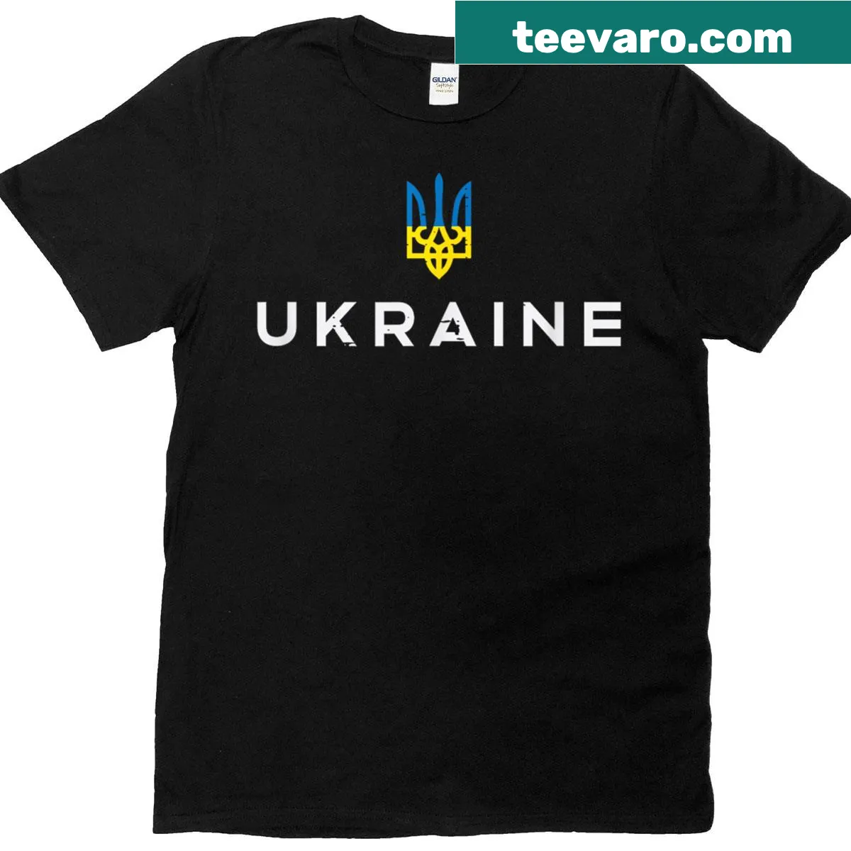 Ukrainian trident crest emblem displayed prominently on T-shirt — on a men's t-shirt