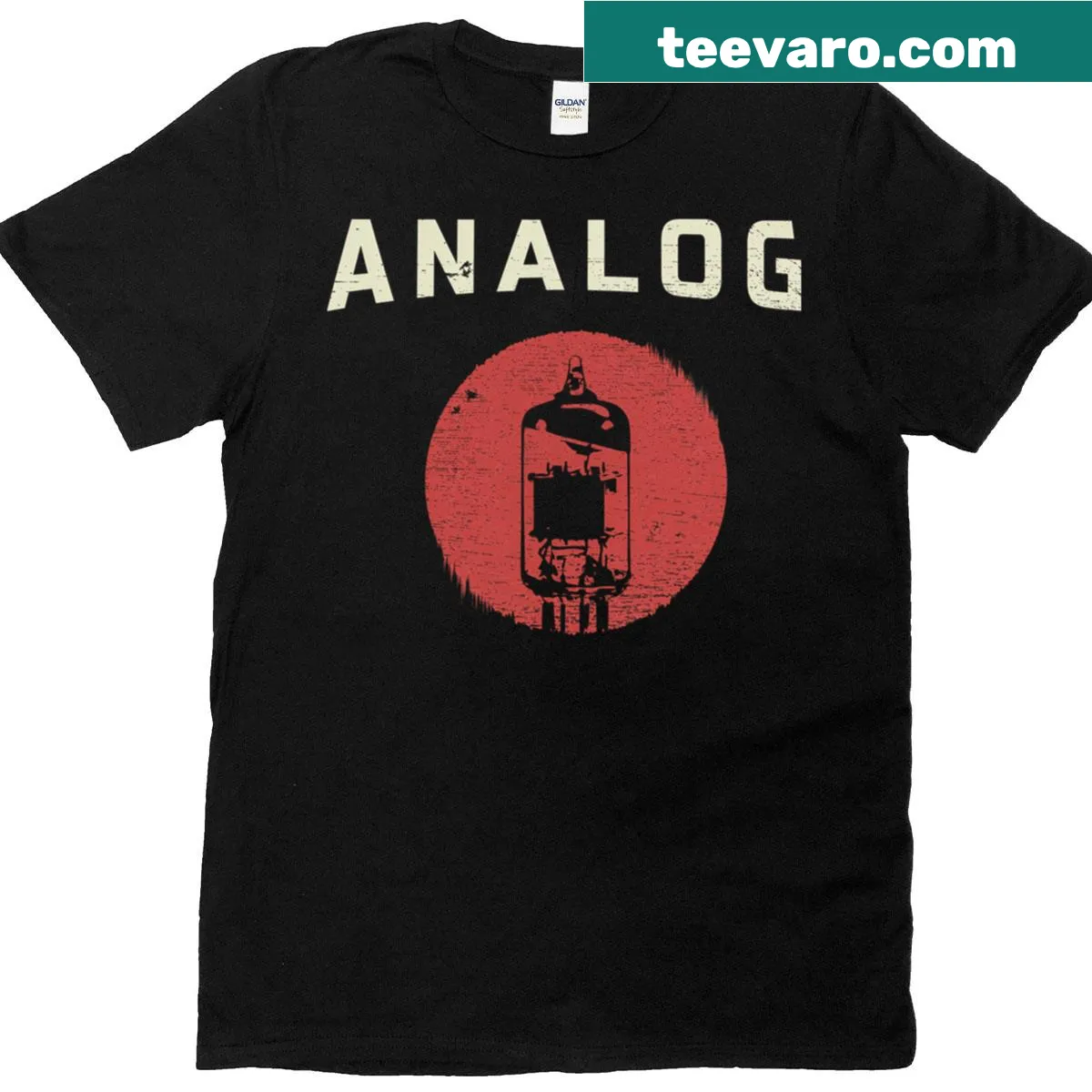 Distressed T-shirt featuring a vacuum tube graphic — on a men's t-shirt