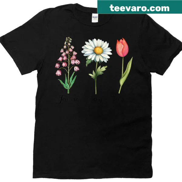 Vintage floral t-shirt with foxglove, daisy, and tulip designs