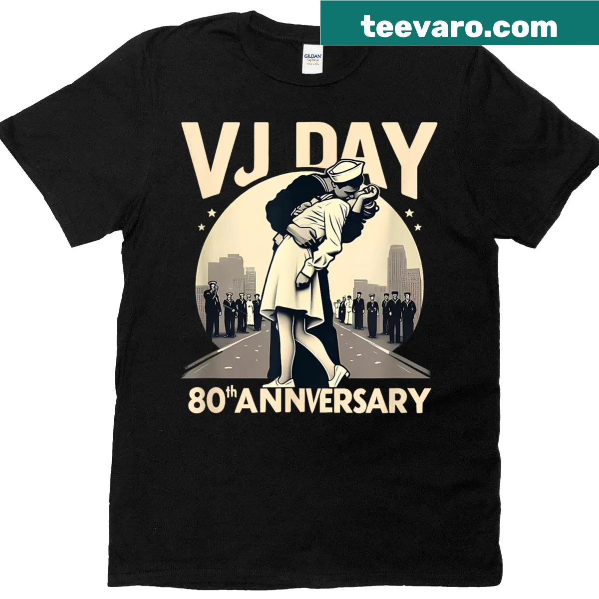 Vintage graphic of the iconic VJ Day kiss on a t-shirt — on a men's t-shirt