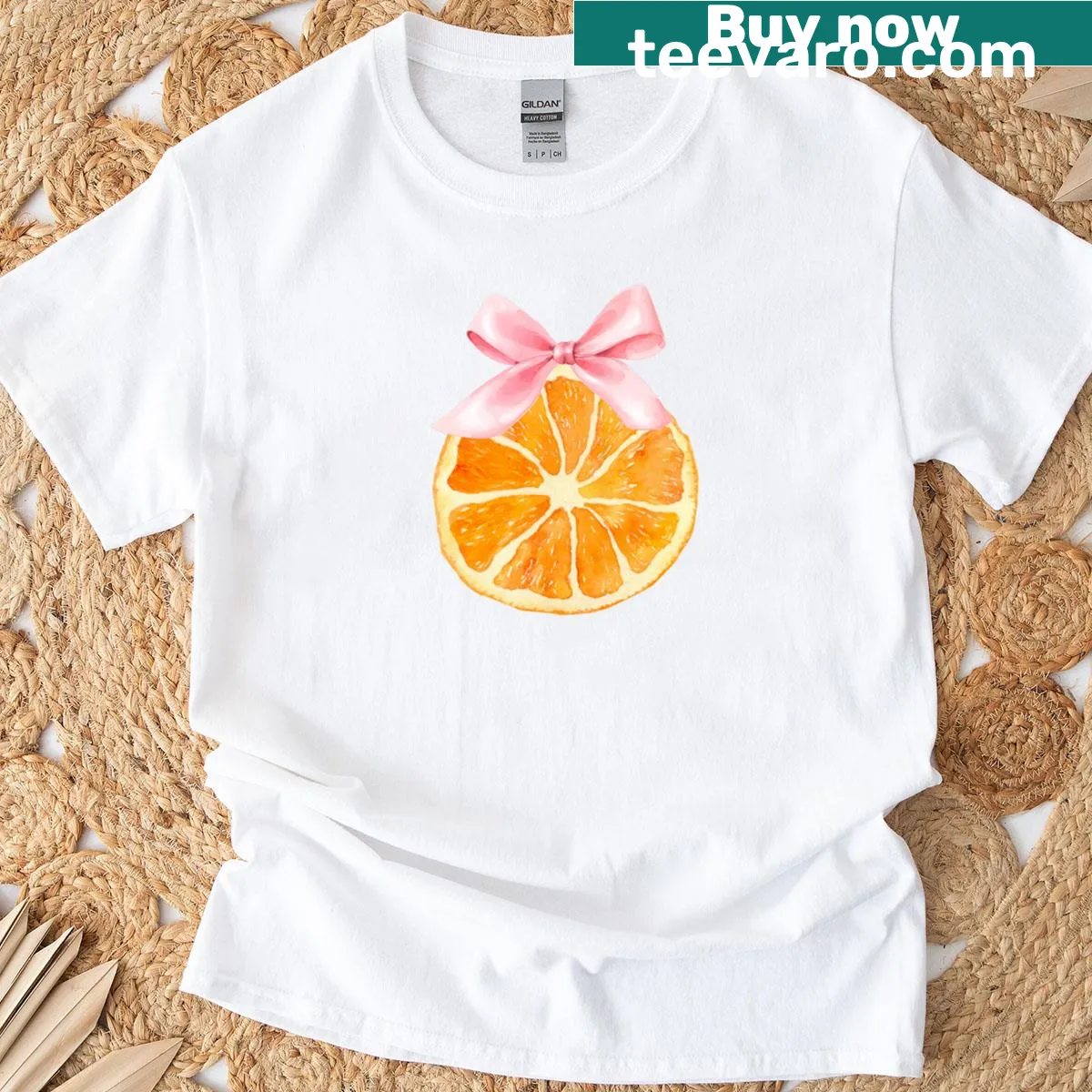 Illustration of an orange slice with a pink bow on a T-shirt — on a men's t-shirt