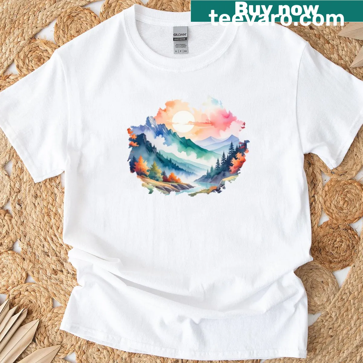 T-shirt featuring illustrations inspired by a peaceful stream and nature. — on a men's t-shirt