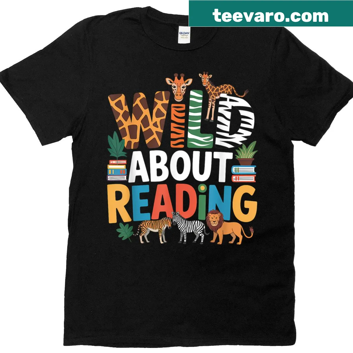 Illustrated T-shirt depicting animals and books promoting reading. — on a men's t-shirt