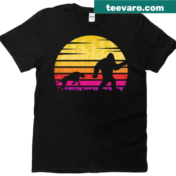 Funny cartoon T-shirt featuring a wolf and Bigfoot running