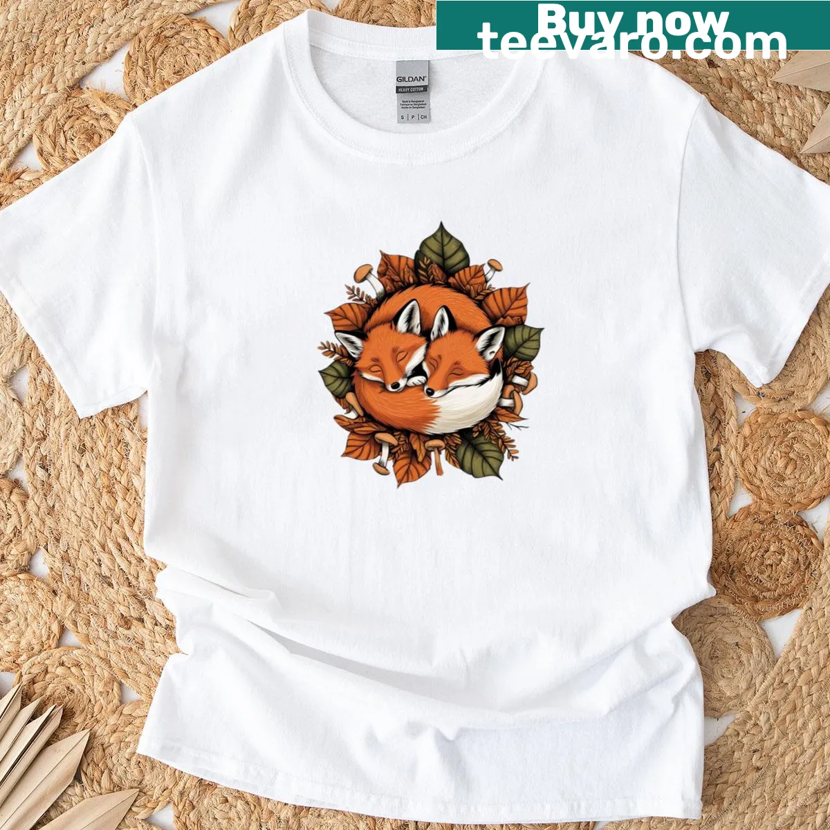 Illustrated fox surrounded by autumn leaves on a cozy T-shirt — on a men's t-shirt