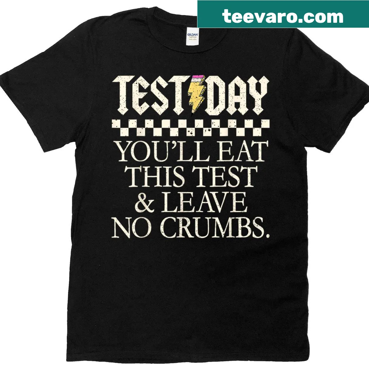 Funny Teacher T-shirt with 'You’ll Eat This Test And Leave No Crumbs' text — on a men's t-shirt