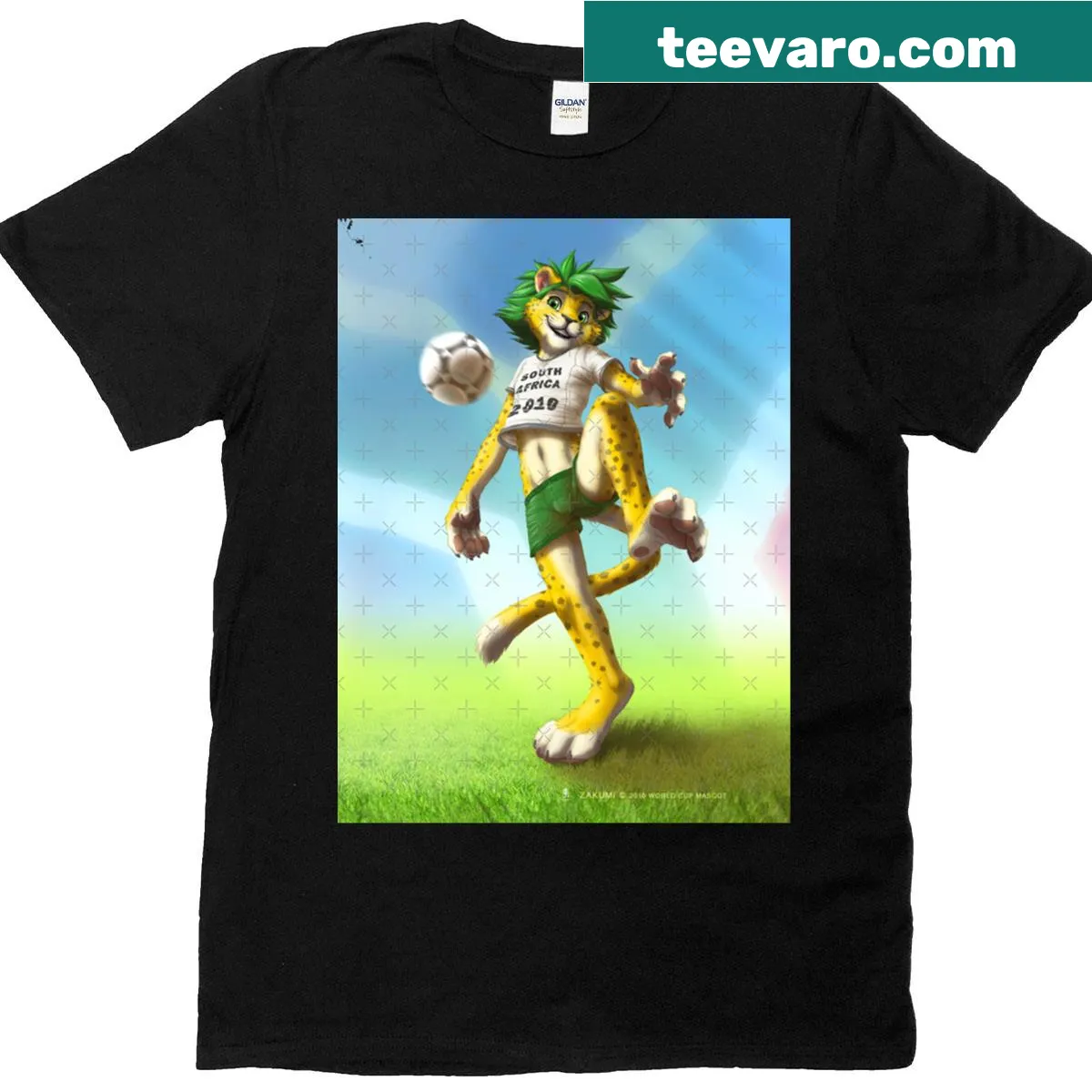 Illustrated T-shirt featuring Zakumi, the 2010 FIFA World Cup mascot — on a men's t-shirt