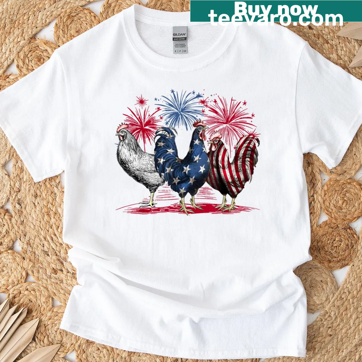 Cartoon chicken with American flag on a t-shirt — on a men's t-shirt