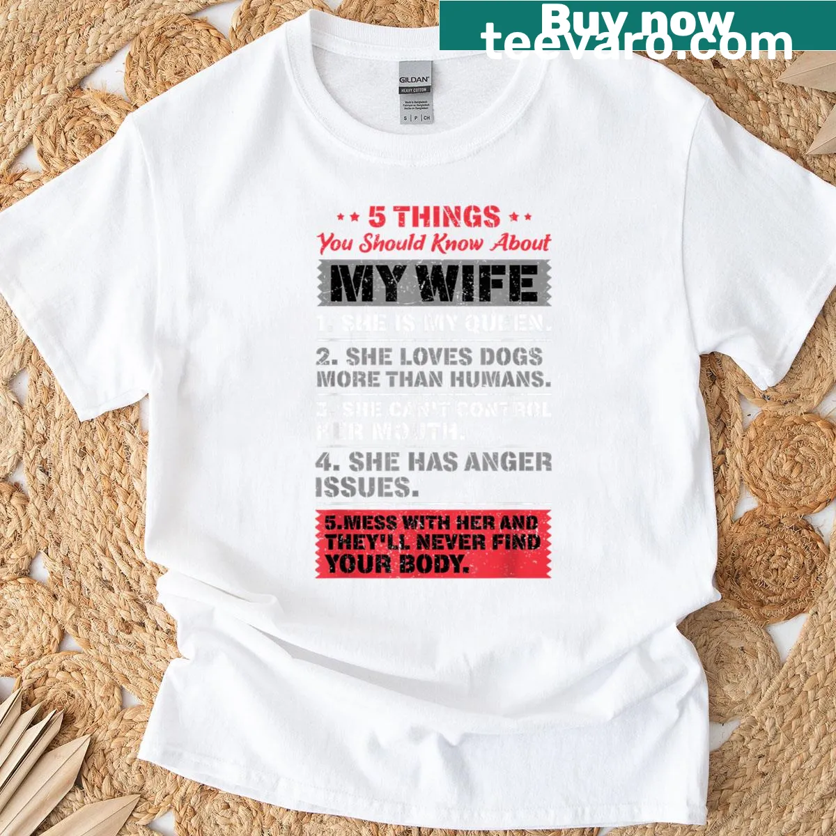 Humorous text about spouse on a t-shirt — on a men's t-shirt