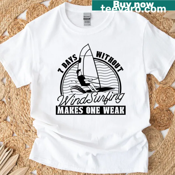 Typography t-shirt with '7 Days Without Surfing' text for water sports lovers.