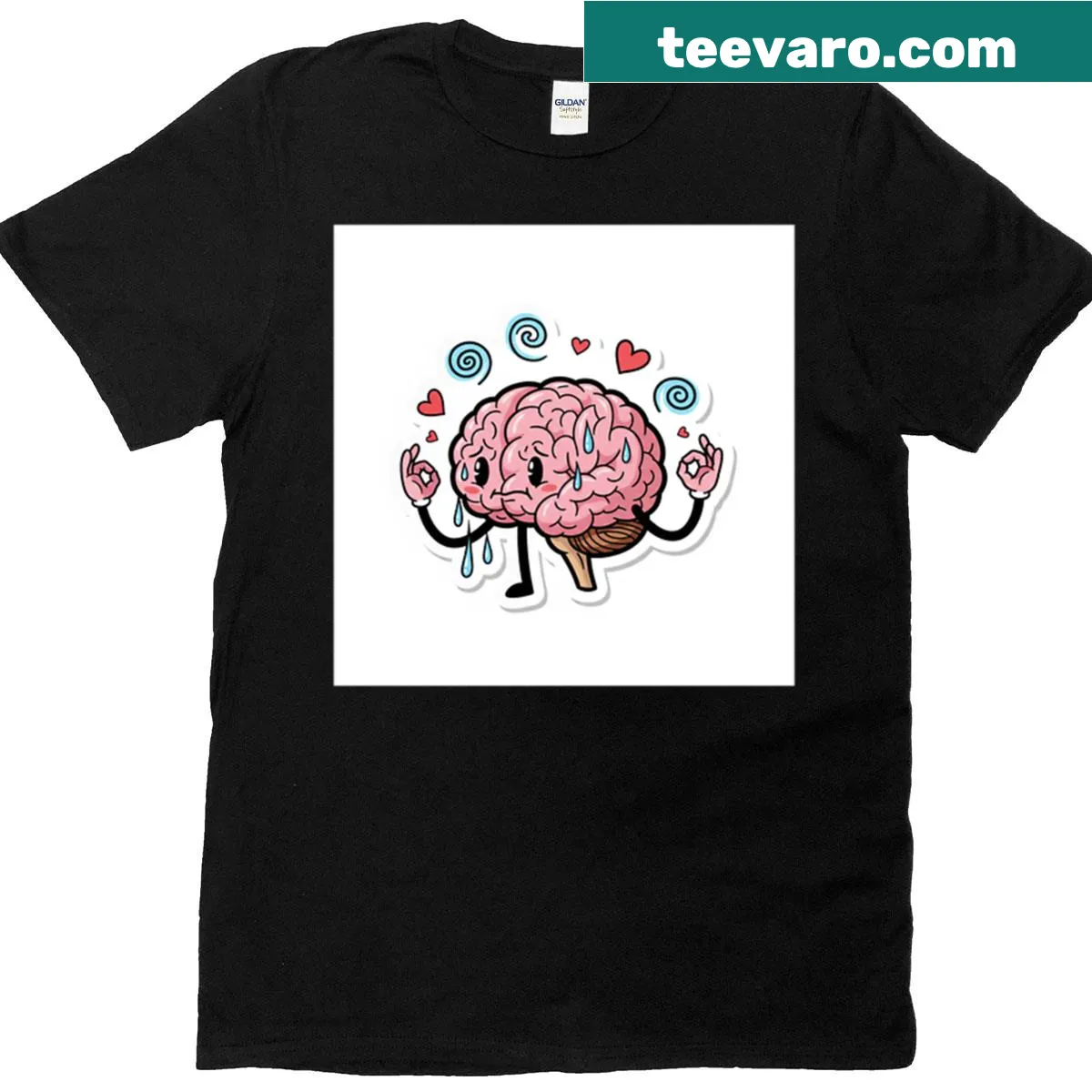 Oversized T-shirt with a cartoon brain and whimsical designs — on a men's t-shirt