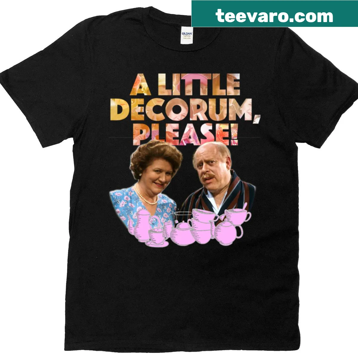 T-shirt with 'A Little Decorum Please' printed text — on a men's t-shirt