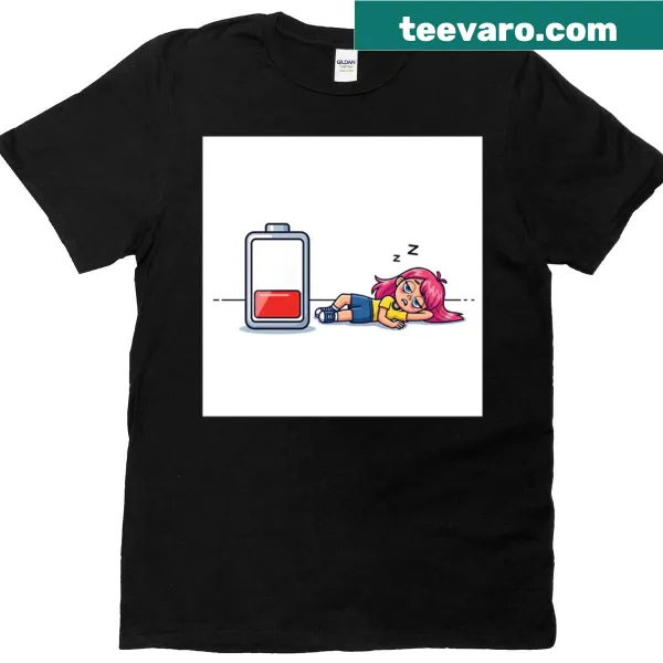T-shirt with a low battery icon and a cartoon character collapsed