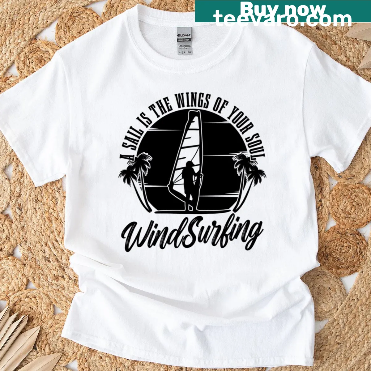 T-shirt with a quote about windsurfing and a sail graphic — on a men's t-shirt