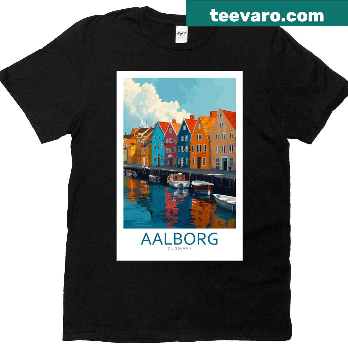 Illustrated travel art of Aalborg, Denmark on T-shirt — on a men's t-shirt