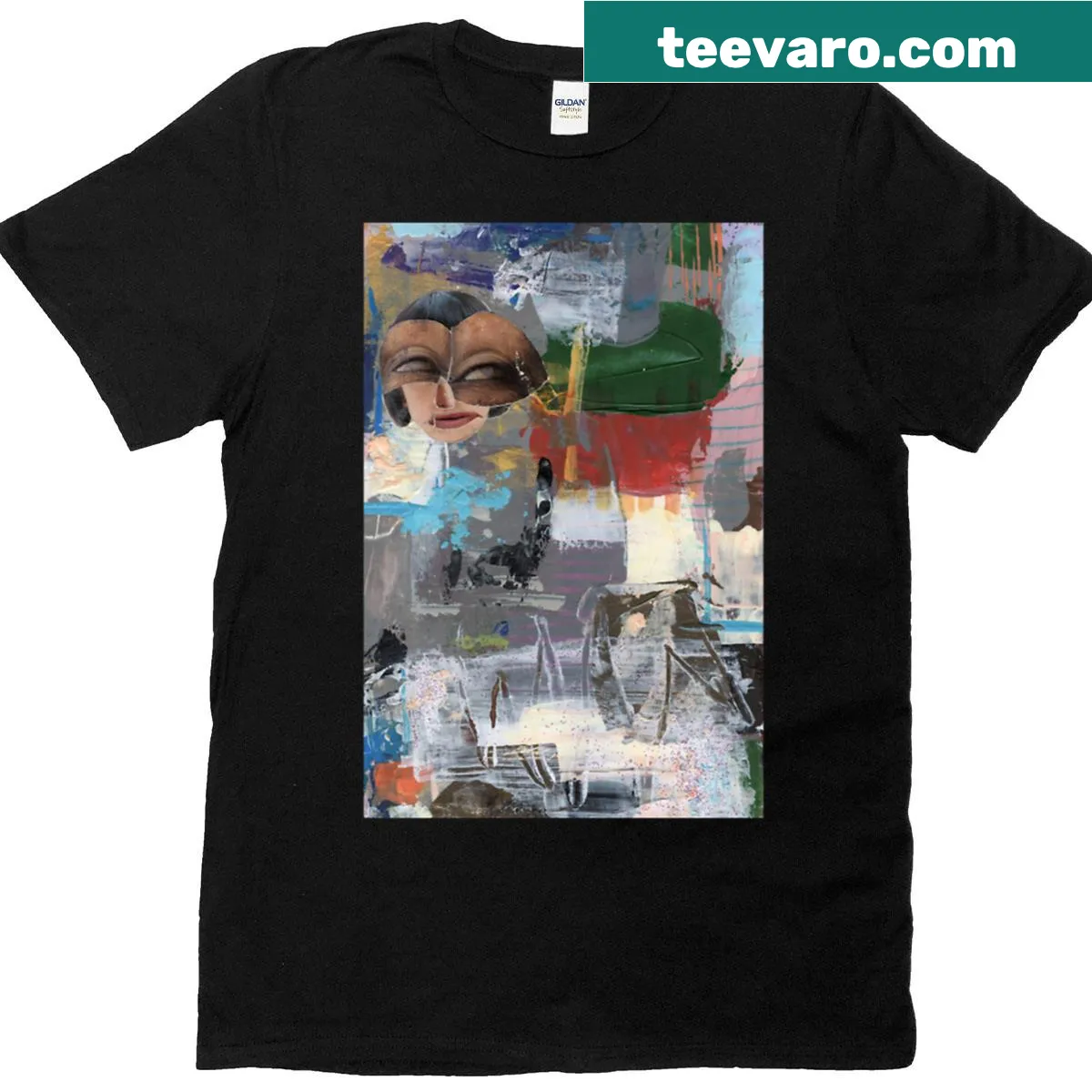 Abstract portrait T-shirt with collage face and intricate design — on a men's t-shirt