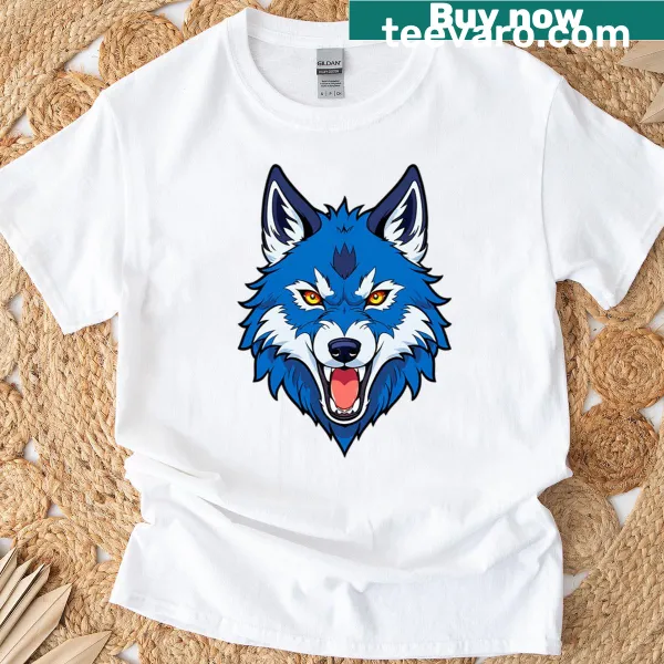 Illustrative T-shirt with a roaring blue wolf head for wildlife enthusiasts