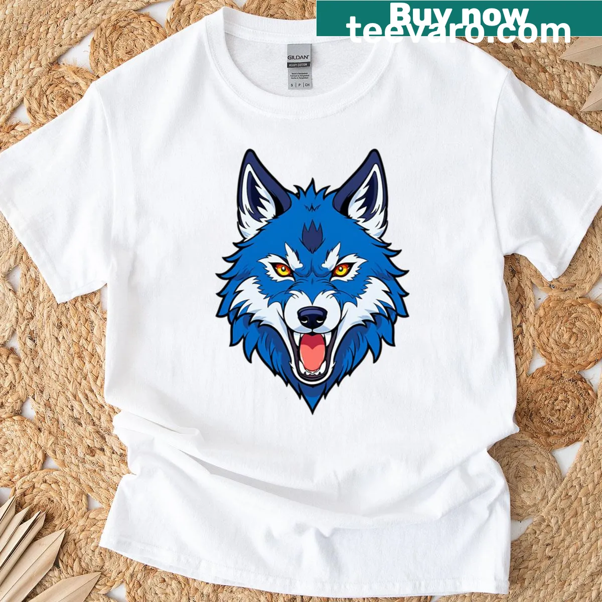 Illustrative T-shirt with a roaring blue wolf head for wildlife enthusiasts — on a men's t-shirt