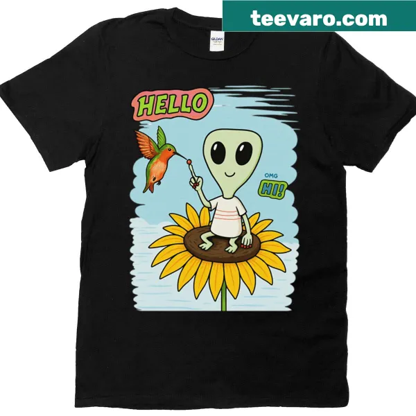Playful alien hummingbird illustration on a T-shirt