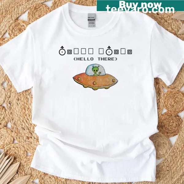 T-shirt with alien message translation graphic.