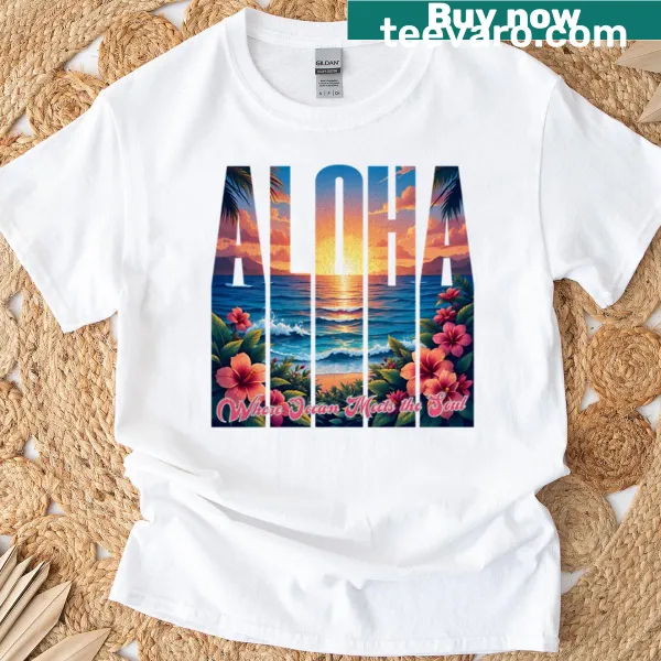 Tropical sunset illustration with hibiscus flowers T-shirt