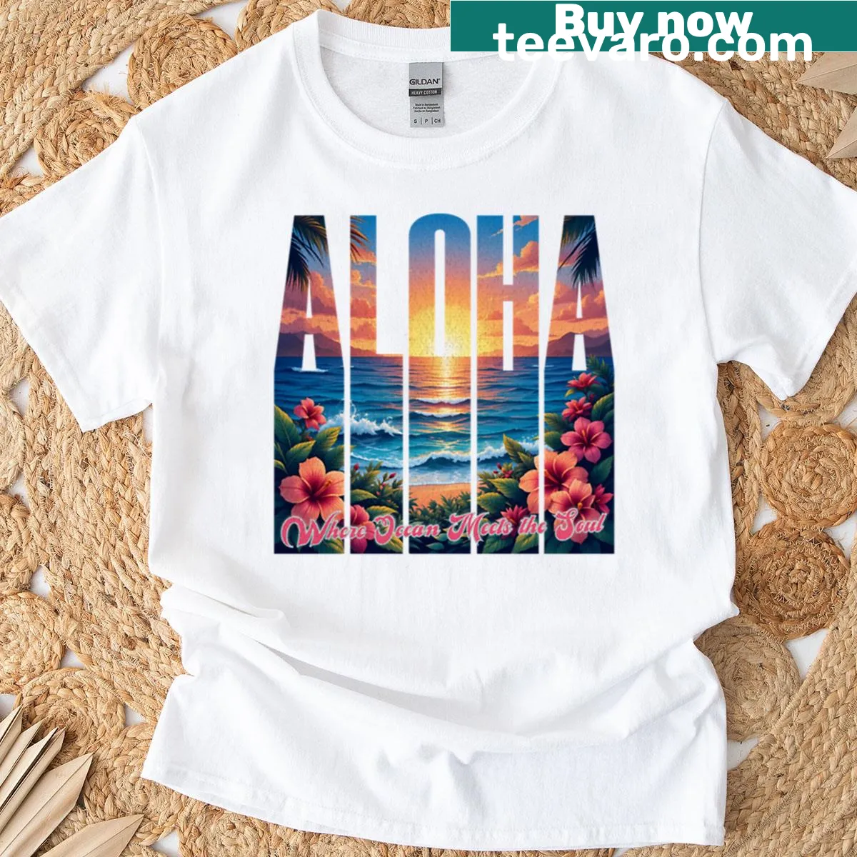 Tropical sunset illustration with hibiscus flowers T-shirt — on a men's t-shirt